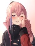  1girl act_(xadachit) bangs blush eyebrows_behind_hair girls_frontline gloves hair_between_eyes hand_on_another&#039;s_cheek hand_on_another&#039;s_face hand_on_another&#039;s_hand highres long_hair looking_at_viewer multicolored_hair one_eye_closed open_mouth pink_hair pov pov_hands purple_hair shiny shiny_hair shiny_skin solo_focus st_ar-15_(girls&#039;_frontline) streaked_hair tears teeth upper_teeth violet_eyes 