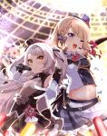  2girls acchii_(akina) armpit_crease azur_lane bangs bare_shoulders belt blonde_hair braid breasts commentary_request cross crowd detached_sleeves frilled_skirt frills gloves grey_hair hat highres holding holding_microphone idol_clothes iron_cross light_stick long_hair looking_at_viewer medium_breasts microphone midriff mini_hat multiple_girls music navel official_alternate_costume one_eye_closed open_mouth plaid plaid_skirt short_hair singing skirt small_breasts smile standing stomach sweat swept_bangs two_side_up v violet_eyes white_gloves yellow_eyes z23_(azur_lane) z23_(serious_idol_@acting_manager?!)_(azur_lane) z46_(azur_lane) z46_(star-lit_chocolate)_(azur_lane) 