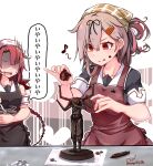 2girls absurdres alternate_hairstyle baileys_(tranquillity650) black_ribbon black_serafuku blonde_hair braid chocolate chocolate_on_face food food_on_face gradient_hair hair_flaps hair_ornament hair_ribbon hairclip highres kantai_collection kawakaze_(kancolle) kawakaze_kai_ni_(kancolle) long_hair multicolored_hair multiple_girls musical_note red_eyes redhead ribbon school_uniform serafuku smile speech_bubble spoken_musical_note tongue tongue_out translation_request twin_braids very_long_hair yuudachi_(kancolle) yuudachi_kai_ni_(kancolle) 