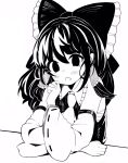  1341398tkrtr 1girl ascot bangs bare_shoulders bow collar detached_sleeves elbows_on_table hair_bow hair_tubes hakurei_reimu head_rest high_contrast highres japanese_clothes long_hair looking_at_viewer miko monochrome nontraditional_miko open_mouth sidelocks simple_background sitting touhou white_background 