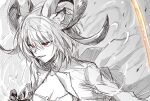 1girl an_fyhx animal_ears arknights cleavage_cutout clothing_cutout goat_girl goat_horns greyscale grin highres horns jacket monochrome red_eyes smile solo 