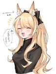  1girl :d ^_^ animal_ear_fluff animal_ears arknights black_bow black_shirt blemishine_(arknights) blonde_hair blush bow breasts closed_eyes commentary_request cropped_torso facing_viewer hair_bow highres horse_ears long_hair medium_breasts mmm_ma_pmpm ponytail shirt simple_background smile solo teeth translation_request upper_body upper_teeth very_long_hair white_background 