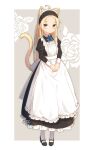  1girl absurdres ahoge animal_ears apron bangs black_dress black_footwear black_hairband blonde_hair blue_bow blue_eyes blush bow cat_ears cat_girl cat_tail closed_mouth collared_dress commentary_request coreytaiyo dated dress floral_background flying_sweatdrops forehead frilled_apron frilled_dress frilled_hairband frills grey_background hairband highres juliet_sleeves long_hair long_sleeves maid maid_apron original own_hands_together pantyhose parted_bangs puffy_sleeves rose_background shoes signature solo tail two-tone_background very_long_hair white_apron white_background white_legwear 