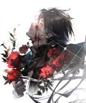  1boy absurdres arknights black_gloves black_hair blood blood_on_face brown_eyes cropped_torso dongsheng flower from_side gloves highres looking_away looking_up male_focus portrait profile red_flower short_hair simple_background solo white_background zhuo_(arknights) 