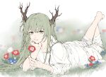  1other androgynous bangs blue_flower branch enkidu_(fate) eyebrows_visible_through_hair fate/grand_order fate_(series) feet_up field flower flower_field full_body green_eyes green_hair highres long_hair looking_at_viewer lying on_stomach red_flower robe simple_background smile so_hana_ranyaro solo very_long_hair white_flower 