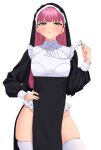  1girl absurdres amane_a_(007_uiro) blush breasts cross cross_necklace expressionless frills grey_eyes hand_on_hip highres jewelry long_hair looking_at_viewer necklace nun original pink_hair simple_background solo thigh-highs veil white_background white_legwear 