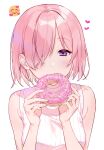  1girl absurdres bangs bare_shoulders blush breasts doughnut eating emoji eyebrows_visible_through_hair fate/grand_order fate_(series) fingernails food hair_over_one_eye hands_up highres holding holding_food kuroki_(ma-na-tu) looking_at_viewer mash_kyrielight medium_breasts pink_hair scan shiny shiny_hair short_hair simple_background sleeveless solo upper_body violet_eyes white_background 