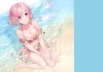  1girl absurdres bangs bare_shoulders bikini breasts fate/grand_order fate_(series) flower full_body hair_over_one_eye highres kuroki_(ma-na-tu) looking_at_viewer mash_kyrielight medium_breasts pink_hair sarong scan shore short_hair simple_background smile solo swimsuit violet_eyes water 