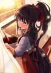  1girl absurdres apron bangs blue_eyes blush breasts brown_hair highres i.f.s.f long_hair long_sleeves looking_at_viewer looking_back medium_breasts ponytail red_apron skirt solo tohno_akiha tsukihime 