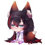  1girl animal_ear_fluff animal_ears bangs blush chibi eyebrows_behind_hair fox_ears fox_girl fox_tail green_eyes highres hiki_(hikioqo) hood hoodie kemonomimi_mode long_hair mika_melatika multicolored_hair nijisanji nijisanji_id pantyhose purple_legwear redhead sitting smile solo streaked_hair tail very_long_hair virtual_youtuber white_hoodie 