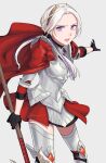  1girl absurdres armor armored_dress axe aymr_(fire_emblem) black_gloves cape cowboy_shot edelgard_von_hresvelg fire_emblem fire_emblem:_three_houses fire_emblem_warriors:_three_hopes gloves hair_ornament hair_ribbon highres holding holding_axe leg_armor long_hair looking_at_viewer open_mouth outstretched_arm peach11_01 purple_ribbon red_cape ribbon simple_background thigh-highs violet_eyes white_hair 