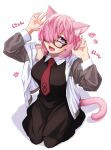  1girl absurdres amami_tokko animal_ears cat_ears cat_girl cat_tail dress fang fate/grand_order fate_(series) full_body glasses hair_over_one_eye highres long_sleeves looking_at_viewer mash_kyrielight necktie open_mouth short_hair simple_background skin_fang solo tail tongue violet_eyes white_background 