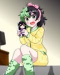  #dino_chan 1girl bed bedroom black_hair blush button_eyes doll green_hair headband highres holding holding_doll non-web_source on_bed open_mouth original scared surprised trembling 