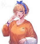  1girl alternate_costume apex_legends blue_bow bow bracelet breasts eyebrows_visible_through_hair hair_behind_ear hair_bow jewelry medium_breasts mizutama_(mao11260510) nessie_(respawn) one_eye_closed open_mouth orange_sweater scar scar_on_cheek scar_on_face solo sweater twitter_username upper_body watermark wattson_(apex_legends) white_background 