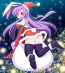  1girl animal_ears ass bad_id bad_pixiv_id bangs banned_artist blush bow breasts elbow_gloves eyebrows_visible_through_hair from_behind gloves hat kisaragi_zwei large_breasts light_purple_hair long_hair looking_at_viewer looking_back panties purple_hair rabbit_ears rabbit_tail red_eyes reisen_udongein_inaba sack santa_costume santa_dress santa_gloves santa_hat sideboob skindentation solo striped striped_panties tail thigh-highs touhou underwear very_long_hair 