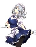  1girl apron between_fingers blue_eyes braid highres izayoi_sakuya knife maid maid_headdress raptor7 short_hair silver_hair simple_background solo thigh_strap touhou twin_braids white_background 