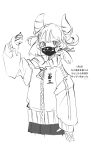  1girl clothes_writing demon_horns greyscale hair_between_eyes highres horns long_hair mamiya_miya mask monochrome mouth_mask original oversized_zipper simple_background sketch skirt sleeves_past_wrists solo thumbs_down translation_request twintails white_background zipper zipper_pull_tab 