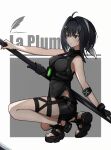  1girl absurdres arknights black_eyes black_footwear black_hair black_shirt blush breasts hair_ornament hairclip highres holding holding_weapon la_pluma_(arknights) shirt short_hair short_shorts shorts shoshu solo thigh_strap weapon 