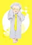  1boy age_regression barefoot bespectacled child dress_shirt flattop freckles glasses grey_eyes grey_hair jean_pierre_polnareff jojo_no_kimyou_na_bouken kobayashi_(oksk0x0) male_focus necktie oversized_clothes shirt solo stardust_crusaders yellow-framed_eyewear younger 