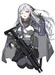  1girl ak-12 ak-12_(girls&#039;_frontline) arm_up bangs black_cloak black_gloves breasts cloak cropped_legs eyebrows_visible_through_hair girls_frontline gloves gun highres holding holding_gun holding_weapon kalashnikov_rifle long_hair looking_at_viewer marche_mk14 medium_breasts one_eye_closed open_mouth partially_fingerless_gloves silver_hair smile solo standing tactical_clothes violet_eyes walkie-talkie weapon white_background 