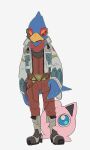  1boy arm_at_side bandana beak belt bird_boy bird_tail blue_eyes blue_fur body_fur boots commentary_request cropped_jacket crossover falco_lombardi full_body furry furry_male green_eyes grey_background grey_footwear grey_jacket half-closed_eye highres holster holstered_weapon jacket jigglypuff jumpsuit knee_boots leg_grab long_sleeves looking_at_another looking_down looking_up one_eye_closed open_clothes open_jacket open_mouth pokemon pokemon_(creature) red_fur red_jumpsuit scouter simple_background standing star_fox super_smash_bros. tail two-tone_fur udon_(udon_xxx) 