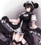  1girl agent_(girls&#039;_frontline) bangs black_dress black_gloves black_hair black_legwear blush breasts closed_mouth clothes_lift commission double_bun dress dress_lift eyebrows_visible_through_hair feet_out_of_frame garter_straps girls_frontline gloves highres lips maid maid_headdress marche_mk14 medium_breasts medium_hair revision sangvis_ferri simple_background skeb_commission smile solo standing thigh-highs yellow_eyes 