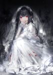  1girl absurdres bangs biting black_background black_hair blood blood_on_face blood_on_hands bridal_veil commentary_request dress eyebrows_visible_through_hair finger_biting finger_in_mouth highres long_hair long_sleeves looking_at_viewer nanaponi original red_eyes solo squatting tearing_up tears veil wedding_dress white_dress 