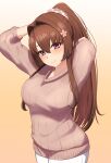  1girl absurdres arms_behind_head arms_up arugou breasts brown_hair brown_sweater hair_intakes high_ponytail highres kantai_collection large_breasts long_hair long_sleeves official_alternate_costume pants sidelocks smile solo sweater very_long_hair violet_eyes white_pants yamato_(kancolle) 