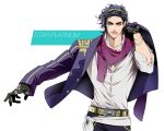  1boy adapted_costume black_gloves blue_hair blue_jacket contemporary dress_shirt dressing floating_hair gloves green_eyes hairband humanization jacket jojo_no_kimyou_na_bouken kobayashi_(oksk0x0) male_focus messy_hair purple_scarf sash scarf shirt solo star_platinum stardust_crusaders 