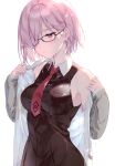  1girl absurdres bangs black-framed_eyewear blush breasts fate/grand_order fate_(series) glasses hair_over_one_eye highres kuroki_(ma-na-tu) long_sleeves mash_kyrielight medium_breasts necktie open_clothes pink_hair scan short_hair simple_background solo violet_eyes 