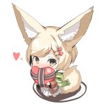  1girl animal_ear_fluff animal_ears blush brown_eyes brown_jacket chibi commentary_request covered_mouth fox_ears fox_girl fox_tail fringe_trim full_body green_scarf hair_ornament hairclip heart heart_hair_ornament highres holding jacket light_brown_hair long_sleeves nose_blush open_clothes open_jacket original pleated_skirt scarf short_hair skirt solo standing tail white_background white_skirt yuuji_(yukimimi) 