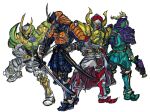  4boys armor banana banana_arms bell belt blue_footwear bodysuit budou_arms commentary_request food fruit grapes green_armor green_footwear gun handgun highres horns kamen_rider kamen_rider_baron kamen_rider_gaim kamen_rider_gaim_(series) kamen_rider_ryugen kamen_rider_zangetsu lance long_coat male_focus mask melon melon_arms multiple_boys musou_saber nakaba_den orange_armor orange_arms orange_theme pistol polearm purple_armor red_footwear samurai sheath sheathed shield stylistic sword unsheathing violet_eyes weapon white_background white_bodysuit white_footwear yellow_armor yellow_eyes yellow_horns 