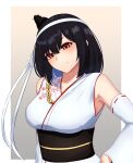  1girl absurdres arugou black_hair breasts detached_sleeves floral_print hair_ornament headband highres japanese_clothes kantai_collection large_breasts nontraditional_miko obi red_eyes sash solo upper_body white_headband white_sleeves wide_sleeves yamashiro_(kancolle) yamashiro_(kantai_collection) yamashiro_kai_ni_(kancolle) 