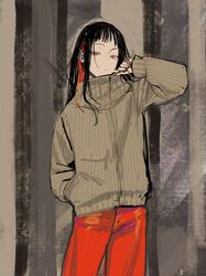  1girl black_hair closed_mouth eyelashes fingernails hand_in_pocket highres holding ikuhana_niiro long_hair multicolored_hair nail_art orange_eyes orange_hair original painterly red_nails redhead sleeves_past_wrists solo standing two-tone_hair white_nails yellow_nails zipper zipper_pull_tab 