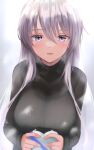  1girl azur_lane bangs black_sweater blush breasts candy character_name chocolate enterprise_(azur_lane) eyebrows_visible_through_hair food hair_between_eyes heart heart-shaped_chocolate highres large_breasts long_hair long_sleeves looking_at_viewer open_mouth sano_sho silver_hair simple_background sleeves_past_wrists solo sweater turtleneck turtleneck_sweater upper_body valentine violet_eyes 