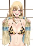  1girl bikini bikini_under_clothes blonde_hair breasts choker ear_piercing flashing floral_print highres jewelry kitagawa_marin large_breasts midriff navel necklace o-ring o-ring_bikini piercing plaid plaid_shirt shirt sono_bisque_doll_wa_koi_wo_suru swimsuit xter 