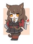 1girl :o animal_ears arknights bangs black_footwear black_jacket black_legwear black_skirt blush_stickers brown_background brown_hair brown_legwear cat_ears cat_girl cat_tail chibi collared_shirt ear_piercing eyebrows_visible_through_hair fire highres jacket long_hair long_sleeves looking_at_viewer orange_eyes pantyhose parted_lips piercing pleated_skirt red_jacket shirt shoes short_eyebrows skirt skyfire_(arknights) solo someyaya tail thick_eyebrows two-tone_background very_long_hair white_background white_shirt wide_sleeves