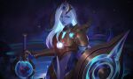  1girl alternate_costume armor bangs colored_skin fajar_muttaqiem gauntlets gem glowing hair_ornament half-closed_eyes holding holding_shield holding_sword holding_weapon league_of_legends leona_(league_of_legends) long_hair looking_at_viewer planet purple_skin shield solo space sword upper_body weapon white_hair 