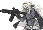  1girl an-94 an-94_(girls&#039;_frontline) aqua_eyes arm_up assault_rifle bangs black_cloak black_gloves blonde_hair cloak eyebrows_visible_through_hair feet_out_of_frame girls_frontline gloves gun hairband holding holding_gun holding_weapon long_hair looking_away marche_mk14 mask masked rifle shorts solo standing tactical_clothes weapon white_background white_shorts 