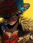  1boy artist_name barbarvsah black_hair character_name dated earrings fur_trim goggles goggles_around_neck hat highres jewelry monkey_d._luffy mouth_hold one_piece smoking solo star_(symbol) straw_hat sunglasses tattoo upper_body yellow_background yellow_eyes 