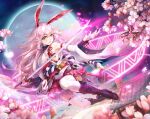  1girl a.tong animal_ears bangs bare_shoulders boots branch cherry_blossoms closed_mouth fox_ears fox_mask full_body full_moon holding holding_sword holding_weapon honkai_(series) honkai_impact_3rd japanese_clothes katana long_hair looking_at_viewer mask miko moon night night_sky outdoors pink_hair pink_skirt purple_footwear skirt sky smile solo sword thigh-highs violet_eyes weapon white_legwear white_sleeves yae_sakura yae_sakura_(gyakushinn_miko) 