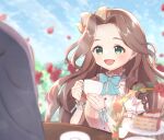  1girl :d absurdres blue_bow blue_sky blurry blurry_background blurry_foreground bow brown_hair cake cake_slice commission cup food green_eyes hair_bow highres i7min idolmaster idolmaster_cinderella_girls kusakabe_wakaba long_hair outdoors sitting skeb_commission sky smile table teacup tiered_tray 