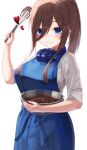  1girl absurdres apron bangs blue_apron blue_eyes blush bowl breasts chocolate closed_mouth cooking cowboy_shot go-toubun_no_hanayome hair_between_eyes headphones headphones_around_neck heart highres hiyoku large_breasts long_bangs long_hair long_sleeves looking_at_viewer nakano_miku ponytail shirt sidelocks simple_background sleeves_rolled_up smile solo valentine whisk white_background white_shirt 