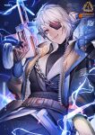  1girl apex_legends belt black_eyepatch black_jacket breasts brown_eyes chain character_name copyright_name electricity energy_reader_(apex_legends) eyepatch grey_belt grey_hair highres holding jacket lightning_bolt_symbol medium_breasts mizutama_(mao11260510) nessie_(respawn) official_alternate_costume one_eye_covered scar scar_on_cheek scar_on_face smile solo stuffed_toy wattson_(apex_legends) 