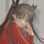  1girl absurdres black_hair blue_eyes fate/stay_night fate_(series) highres long_hair red_sweater shadow sweater tohsaka_rin twintails two_side_up 