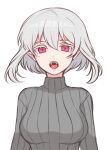  1girl absurdres bangs banned_artist breasts colored_eyelashes eyebrows_behind_hair fangs grey_hair grey_sweater hair_between_eyes highres looking_at_viewer medium_breasts open_mouth original pointy_ears ribbed_sweater shimizu_akina sidelocks simple_background solo sweater turtleneck turtleneck_sweater upper_body white_background 