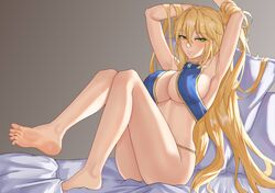  1girl absurdres artoria_pendragon_(fate) artoria_pendragon_(lancer)_(fate) bikini blonde_hair blue_bikini braid breasts fate/grand_order fate_(series) freed_turing french_braid green_eyes hair_between_eyes highres large_breasts long_hair looking_at_viewer sidelocks sitting solo swimsuit very_long_hair 