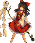  1girl :o ascot back_bow bad_id bad_twitter_id bare_shoulders black_hair bow branch breasts collared_vest commentary_request detached_sleeves frilled_bow frilled_skirt frills gohei hair_bow hair_tubes hakurei_reimu highres holding kujikimi long_hair ofuda open_mouth red_bow red_eyes red_skirt red_vest simple_background skirt skirt_set small_breasts standing sweatdrop touhou v-shaped_eyebrows vest white_background white_bow white_sleeves wide_sleeves yellow_ascot 