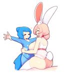  &gt;_&lt; +++ 2girls :&lt; :d ^_^ animal_ears ass bare_arms bare_shoulders blue_hair breasts closed_eyes commentary english_commentary eyebrows_visible_through_hair fiz_(fizintine) fizintine large_breasts long_sleeves multiple_girls open_mouth original outstretched_arms pajamas pink_hair rabbit_ears rabbit_girl rabbit_tail short_hair side_bun simple_background sitting smile spread_arms tail thigh-highs tori_(fizintine) white_background white_legwear x&lt; 