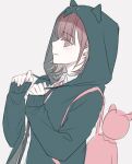  1girl animal_bag animal_ears backpack bag bangs blush cat_bag closed_mouth collared_shirt danganronpa_(series) danganronpa_2:_goodbye_despair dutch_angle eyebrows_visible_through_hair fake_animal_ears green_jacket grey_background hair_ornament hands_up hood hood_up jacket jecheubo medium_hair nanami_chiaki pale_skin pink_bag profile shirt simple_background sleeves_past_wrists smile two-tone_shirt upper_body 